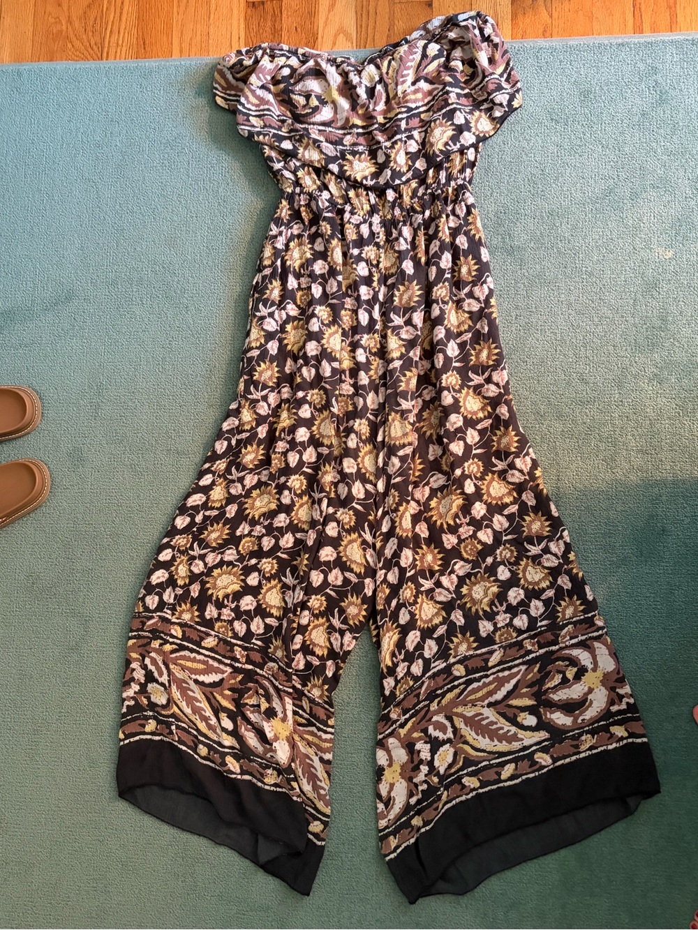 Free People Wide-Leg Floral Jumpsuit in Black and Tan